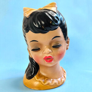 Topline Head Vase 50/423 Black African American Girl Vintage Japan Lashes 5" H